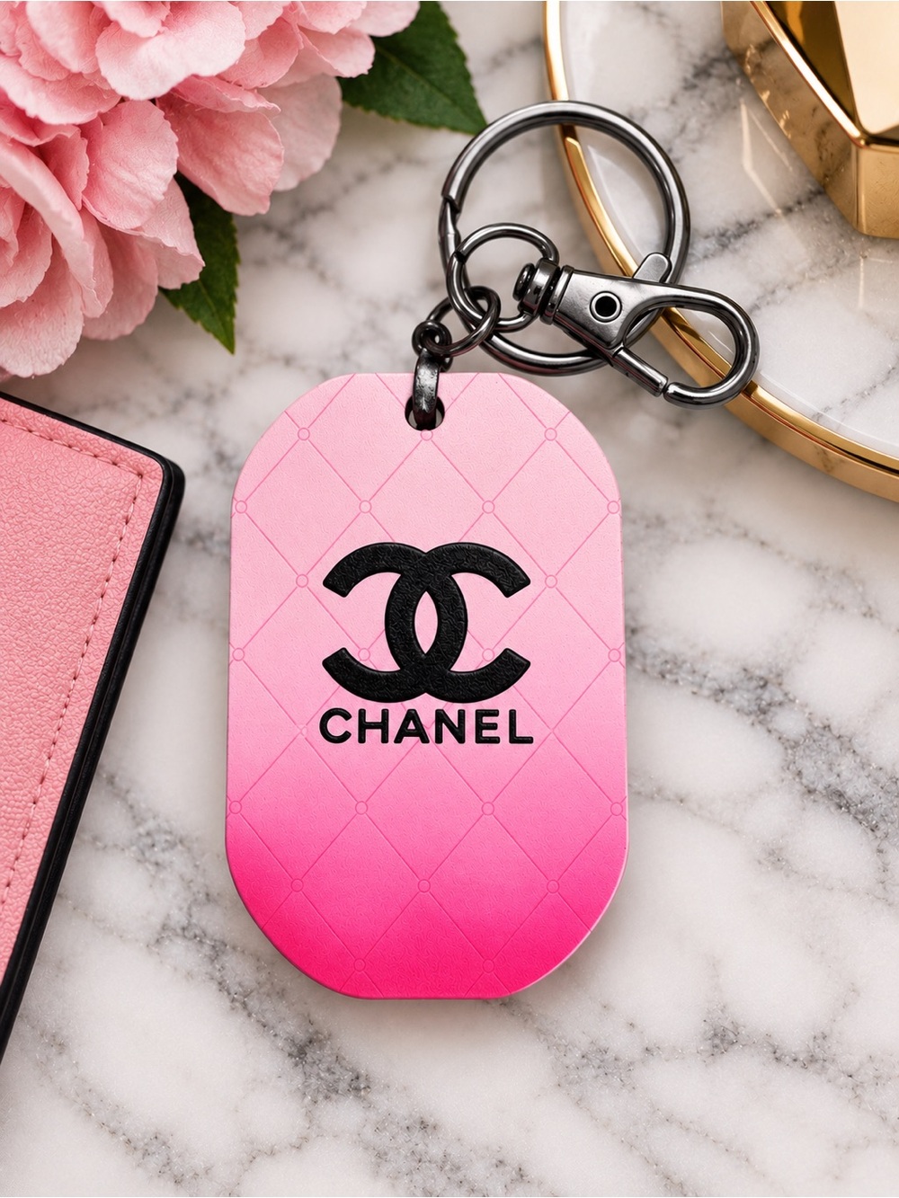 Handcrafted Pink Ombre Quilted Design Keychain Bag Charm Black Hardware